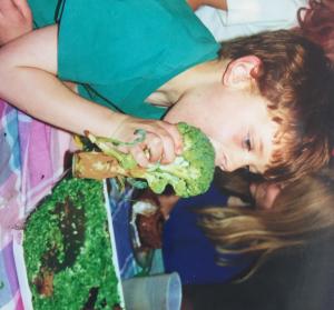 Owen choosing broccoli over chocolate cake as a little boy